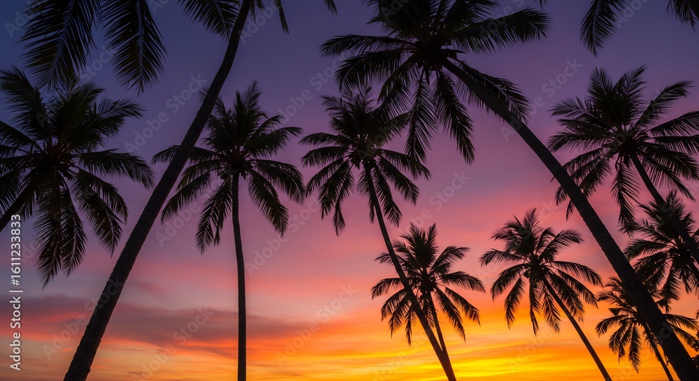 Obraz premium Silhouette Palm Trees Sunset Tropical Paradise