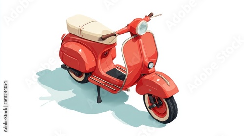 Classic red scooter casting a shadow on white background