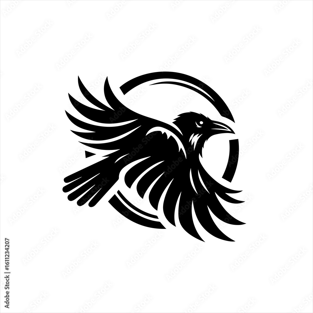 Fototapeta premium Stylized Black Raven in Flight Logo Design.