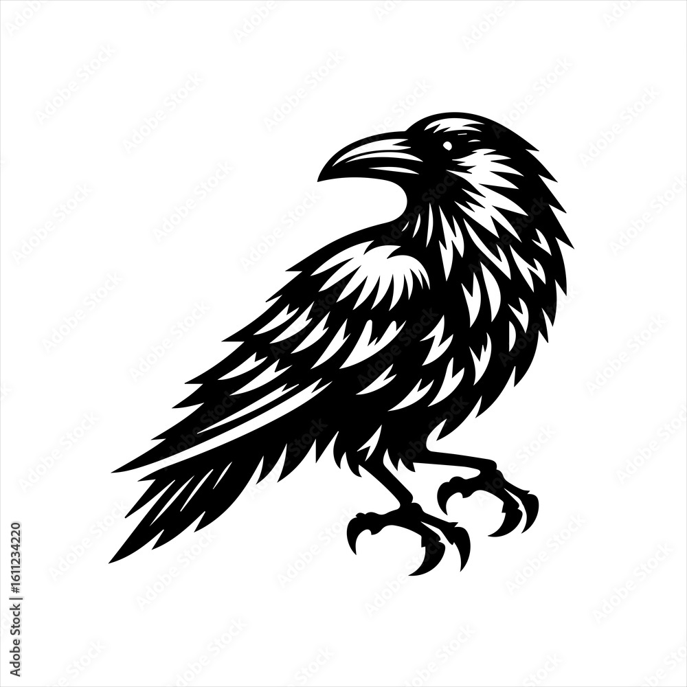 Fototapeta premium Stylized Black Raven Perched on White Background.