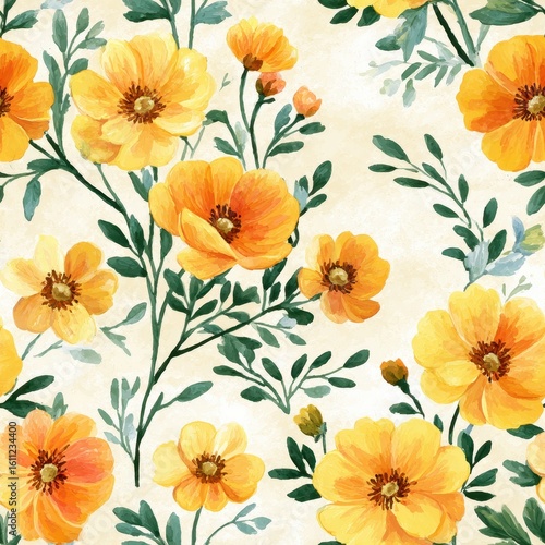 Wallpaper Mural Beautiful Watercolor Floral Pattern With Blooming Yellow Flowers And Green Leaves Background Design Torontodigital.ca
