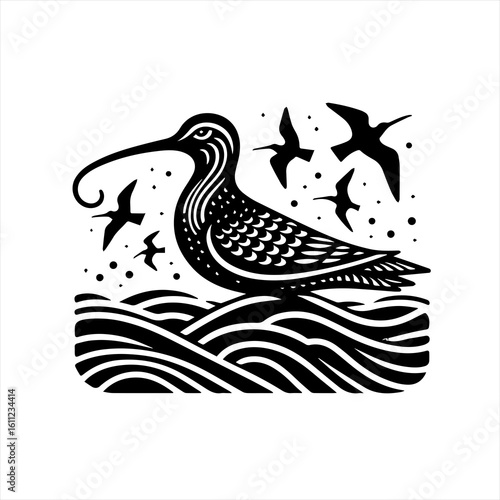 Stylized Black Silhouette of a Shorebird and Flying Birds.