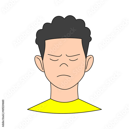 sad, disappointed facial expression. avatar. flat character. curly haired male face. vector illustration