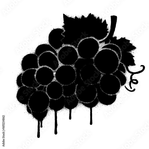 Black Spray Paint Graffiti of Grape Cluster on White Background.