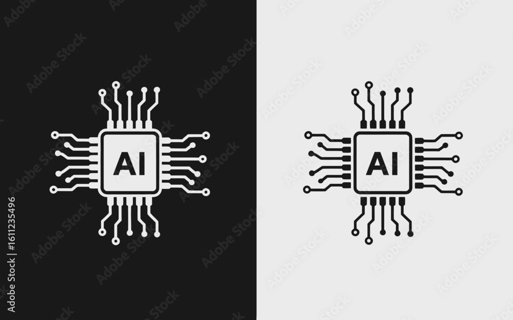 Obraz premium Artificial Intelligence Microchip Concept on Black and White Backgrounds Represents Futuristic Innovation and Technological Advancement