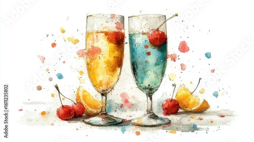 Two elegant cocktails with cherries and orange slices: a watercolor painting