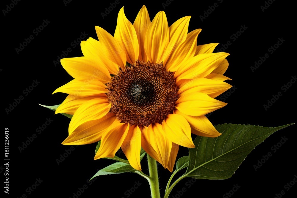 Fototapeta premium Close up of a sunflower with bright yellow petals and dark center, isolated on a black background, creating a vibrant contrast
