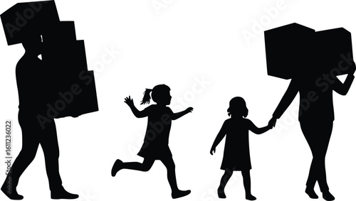 Silhouette of two adults carrying boxes and child running joyfully between them, symbolizing teamwork

