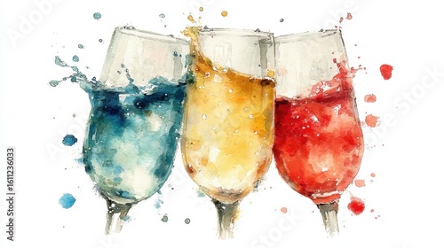 Three wine glasses splashing with red, yellow, and blue watercolor paint