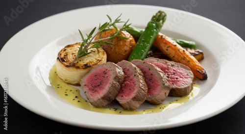 Sliced Beef Steak with Roasted Vegetables and Rosemary