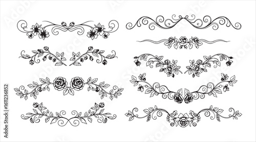 Floral wedding dividers, decorative vignettes and separators, borders and boundaries. Vector flower ornament dividers featuring rose vines, leaves, and blooms