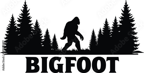 Silhouette of bigfoot in forest with evergreen trees and bold text, reflecting myth, nature and mystery