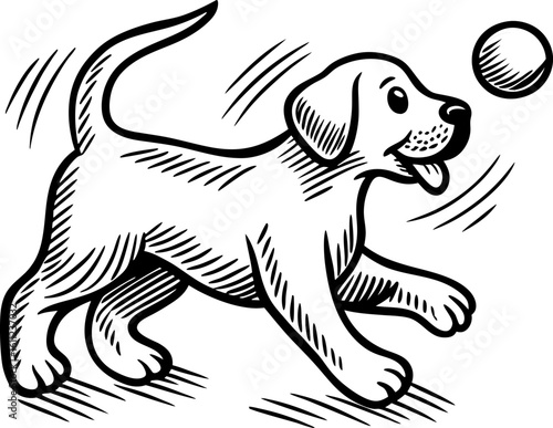 Playful puppy running after ball happy dog illustration, energetic pet chasing toy, fun animal activity