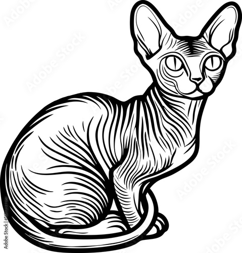 Sphynx cat sitting, black and white line drawing hairless feline, elegant outline, detailed pet illustration