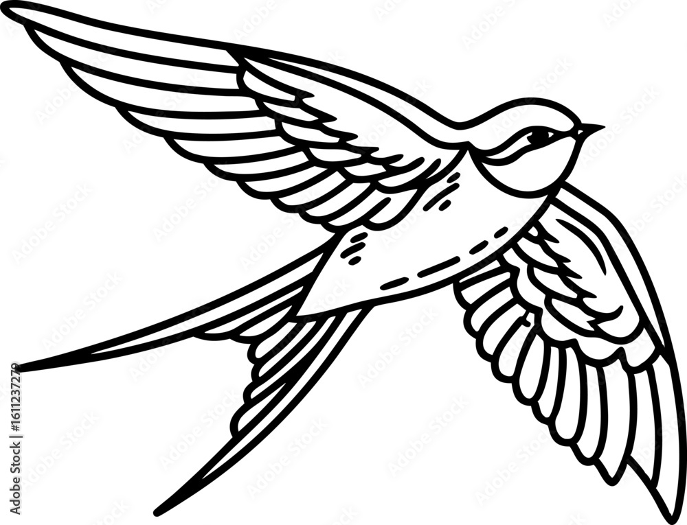 Fototapeta premium Swallow bird in flight, black and white outline illustration graceful soaring animal symbol, clean line art