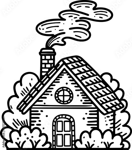 Charming countryside cottage with smoking chimney and lush bushes cozy rural home, simple cozy living illustration