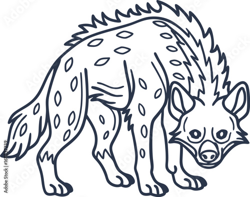 Hyena walking, wild animal illustration black outline drawing, african wildlife predator, zoo mammal concept