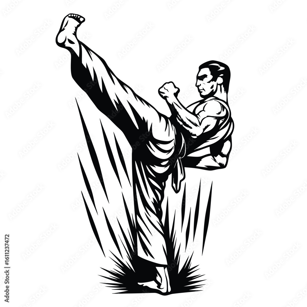 Fototapeta premium Dynamic Monochrome Illustration of a Martial Artist Executing a High Kick with Precision and Strength