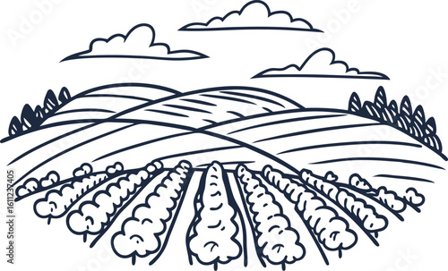 Vast agricultural landscape with rolling hills, farmland fields, crops, and clouds in rural countryside scene