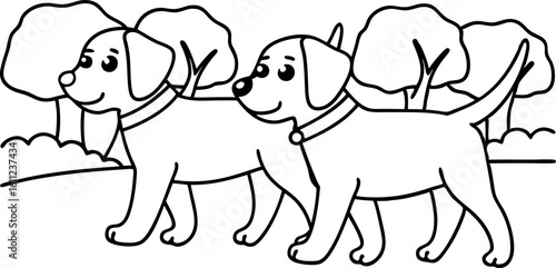 Two friendly dogs walking side by side outdoors playful pets with collars, tranquil park nature background