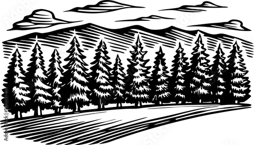 Pine forest landscape with mountain and cloud illustration black and white evergreen tree silhouette, nature scene