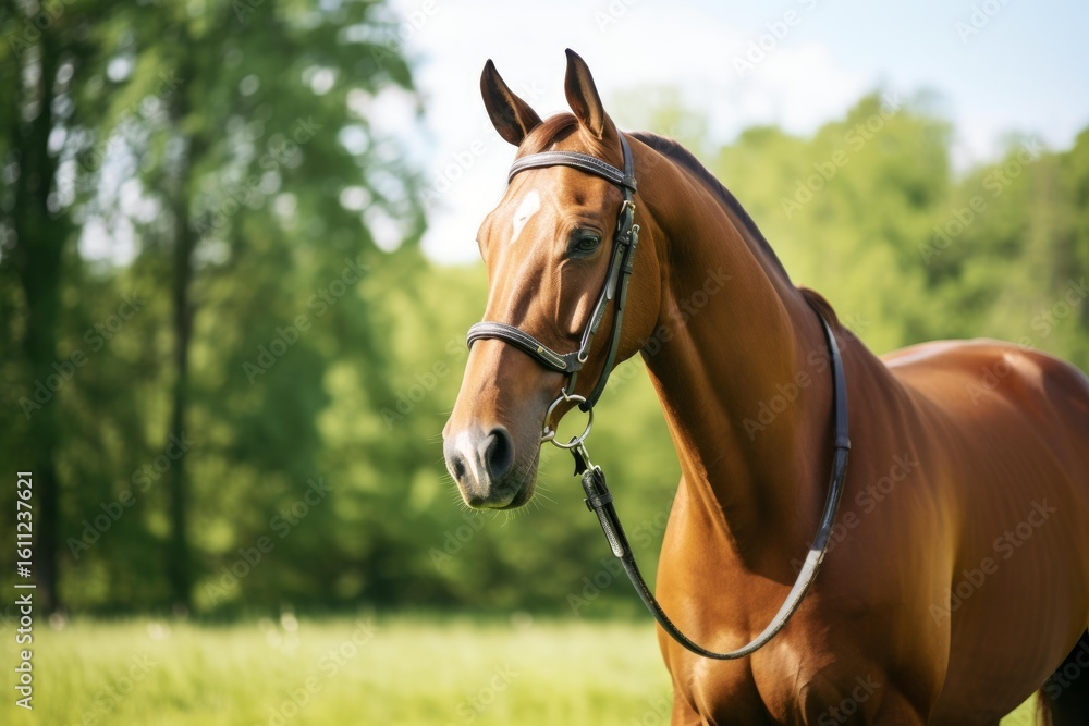 Obraz premium Beautiful chestnut horse wearing a bridle stands majestically in a lush green field, enjoying a sunny day