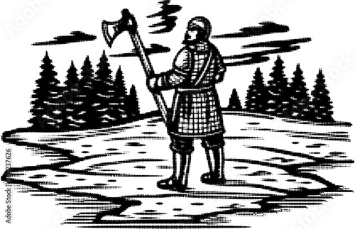 Medieval knight with armor and axe standing in nature, forest landscape, retro engraving illustration