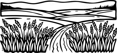 Wheat field landscape illustration with rural road and distant hills farmland graphic, agriculture scenery