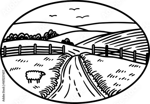 Winding rural road with fence, sheep and rolling hills in countryside landscape, simple black and white sketch