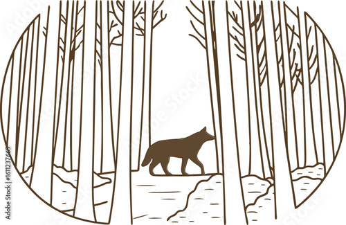 Wolf silhouette walking through sparse winter forest bare tree trunks, nature wilderness, animal tracking scene