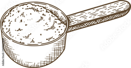 Measuring scoop filled with powder hand drawn illustration of kitchen utensil and ingredient for baking or cooking