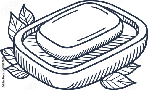 Hand drawn bar soap in dish with leaves natural organic hygiene, skincare and eco friendly cleansing concept