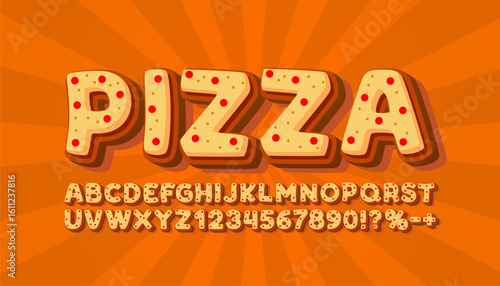 Pizza font, English alphabet and numbers sign. Vector illustration
