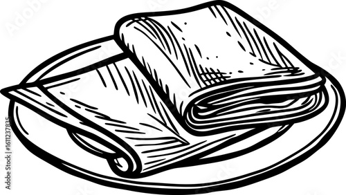 Folded napkin on round plate, hand drawn illustration table setting element, restaurant dining etiquette concept