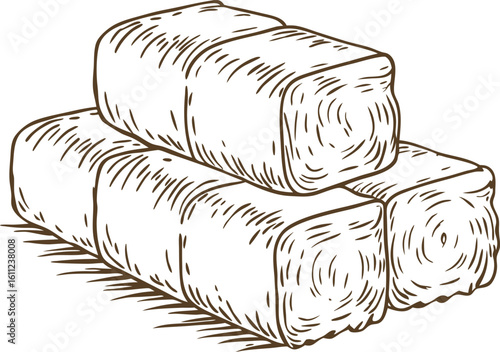 Hand drawn hay bales stack vintage agricultural straw bundle, rural farm harvest concept, sketch illustration