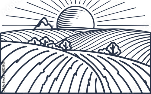 Sunrise over rolling farmland rural landscape with fields, hills, and trees agricultural morning nature scene