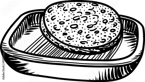 Hand drawn butter dish with lid vintage sketch, rectangular tray holding round slab, engraved rustic kitchen utensil