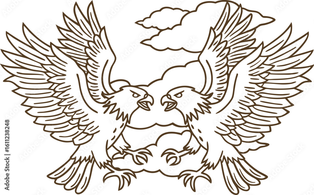 Obraz premium Two fierce eagles facing each other with wings spread, dramatic confrontation, stylized line art cloudy sky