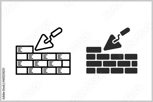 Brick Wall Construction with Trowel Icons Showing Building Process and Stonework Progress for Architecture and Real Estate Concepts