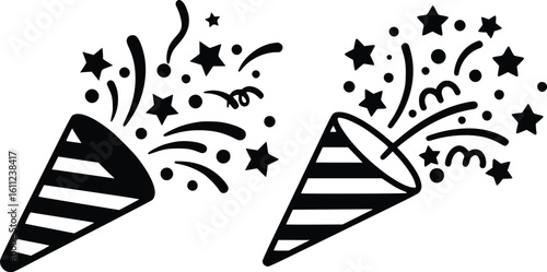 Black and white silhouette of two party poppers with starburst effects