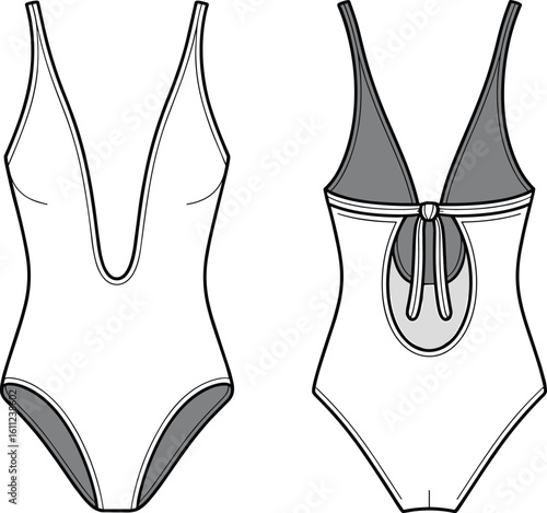 One piece deep V swimsuit, front and back view, tied back design, sexy swimwear style, CAD drawing flat vector illustration.