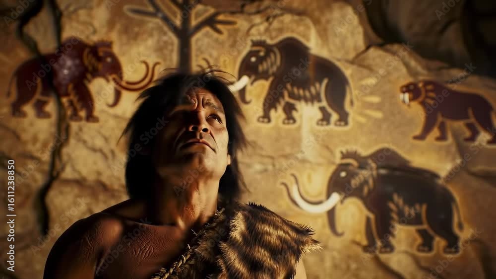 Caveman portrait against prehistoric cave paintings Caveman portrait against prehistoric cave paintings