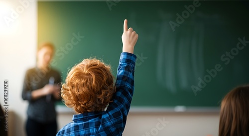 Wallpaper Mural Boy raising hand in classroom with teacher near chalkboard Torontodigital.ca