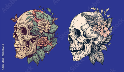 Two detailed skull illustrations adorned with intricate floral arrangements and botanical elements against a solid blue backdrop