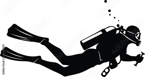 Silhouette of a scuba diver swimming underwater with gear and air bubbles