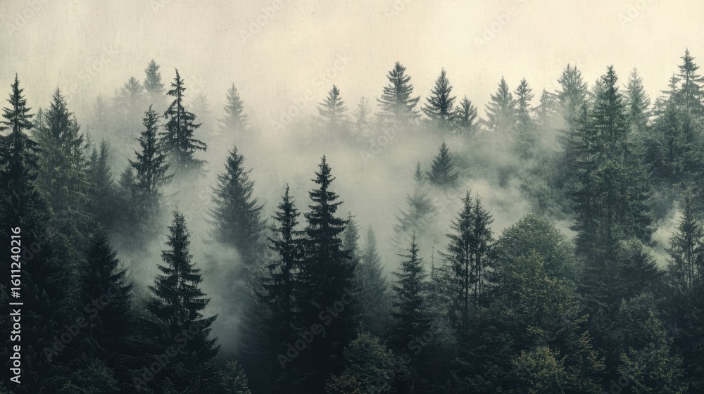 Obraz premium Misty evergreen forest with dense fog