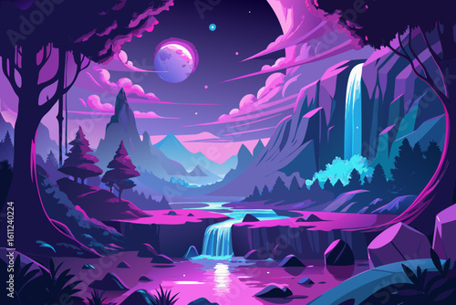 Dreamy alien landscape with waterfalls and a large moon