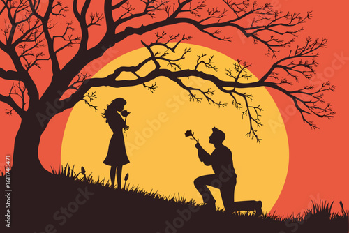 Romantic silhouette of a marriage proposal under a tree at sunset