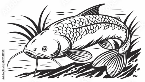 Detailed black and white illustration of a catfish