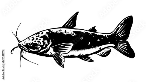 Detailed black and white illustration of a catfish
